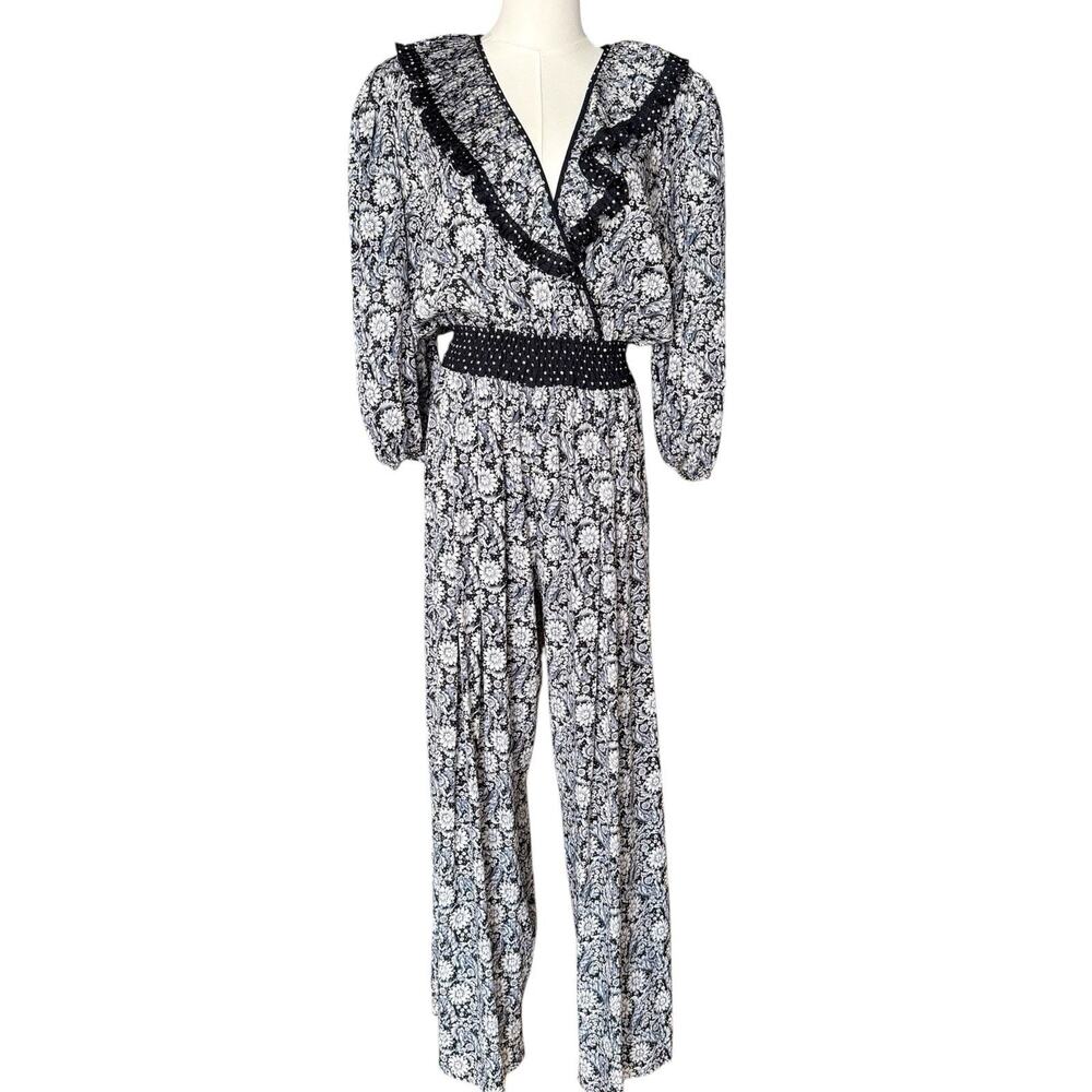 Vintage Diane Freis Floral Paisley Boho Georgette Ruffle Maxi Jumpsuit